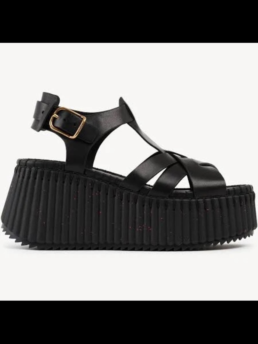 Chloe Black Platform Strappy Sandal with Gold Buckle